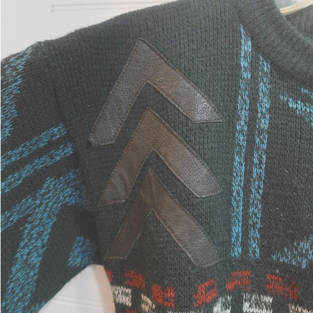 Vintage 90s 80s Knit Sweater Sunset Highway Men's Medium Leather Patchwork